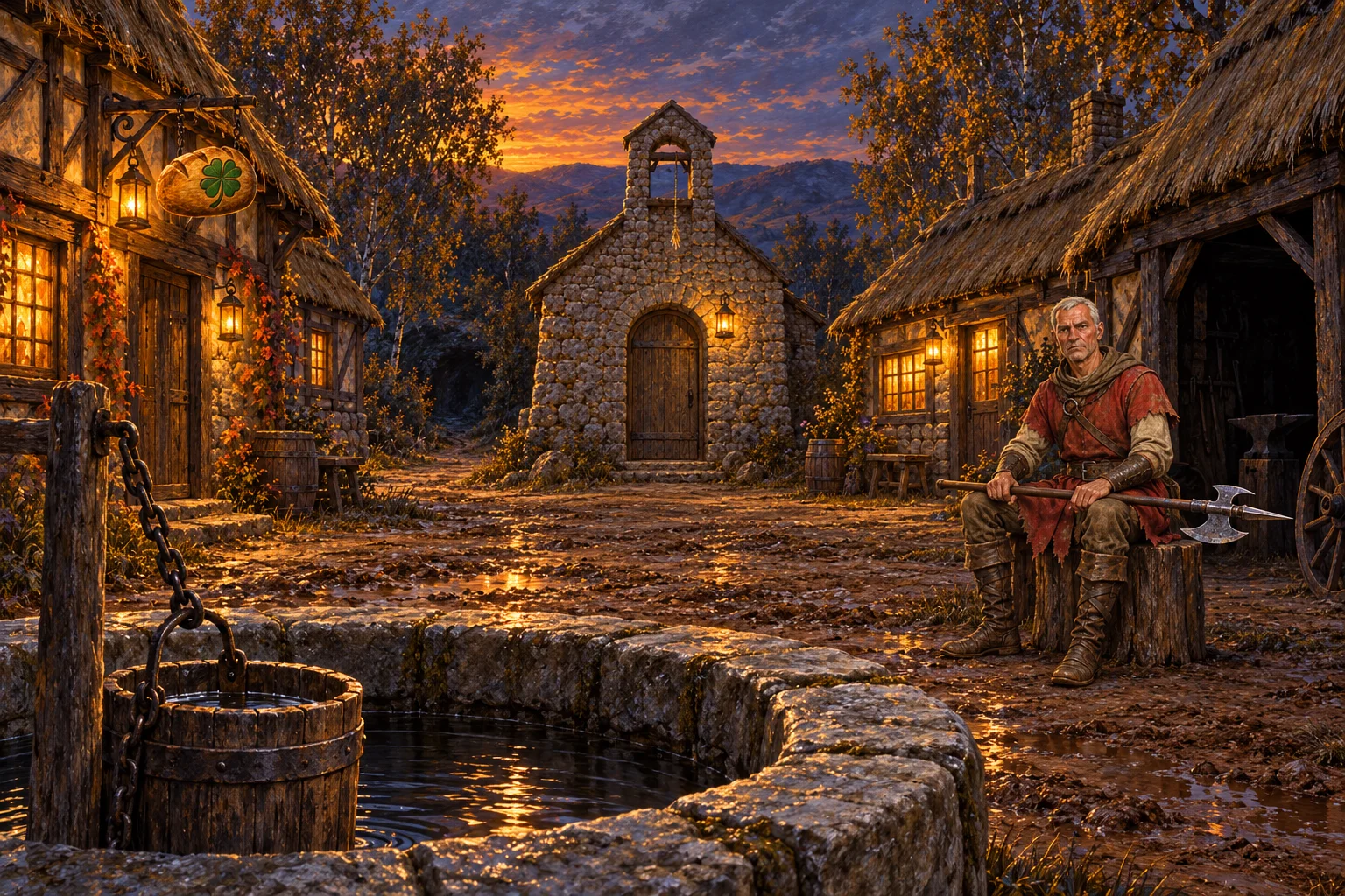 The village square — the chapel at dusk, a villager waiting by the well.