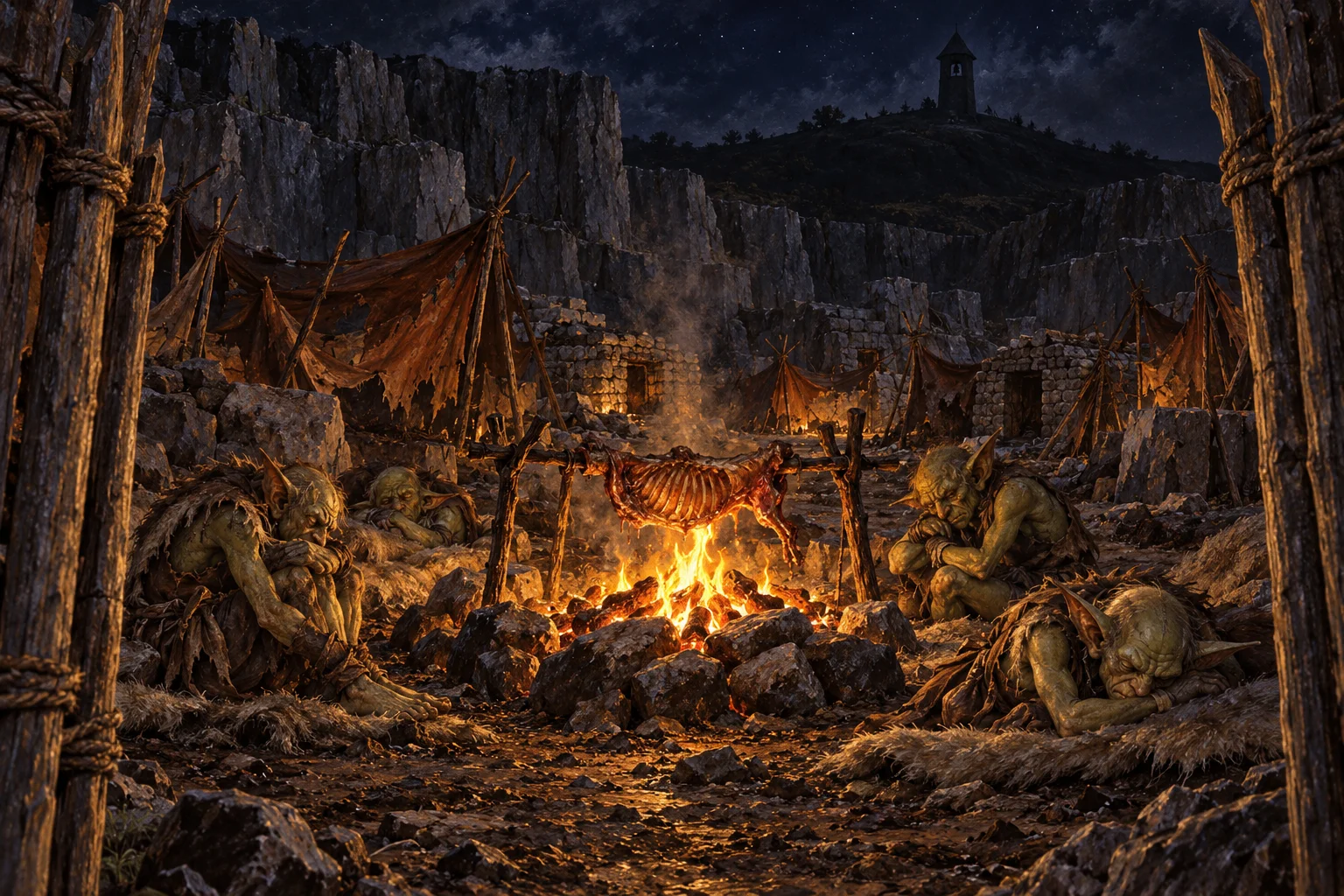 The goblin camp — goblins resting around a fire pit with a roasting spit.