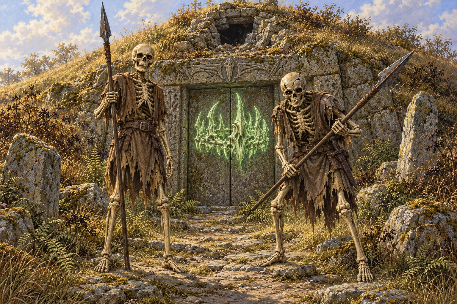 The barrow gate — two skeleton guards before a door sealed with a green sigil.
