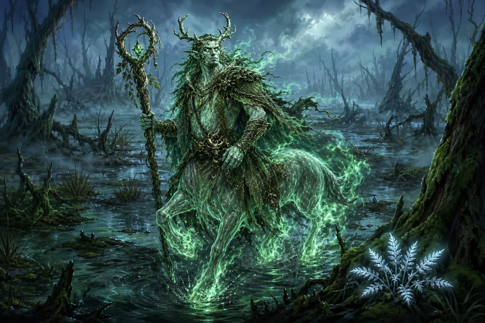 The charging spectre — An antlered shade tears through a misty bog.