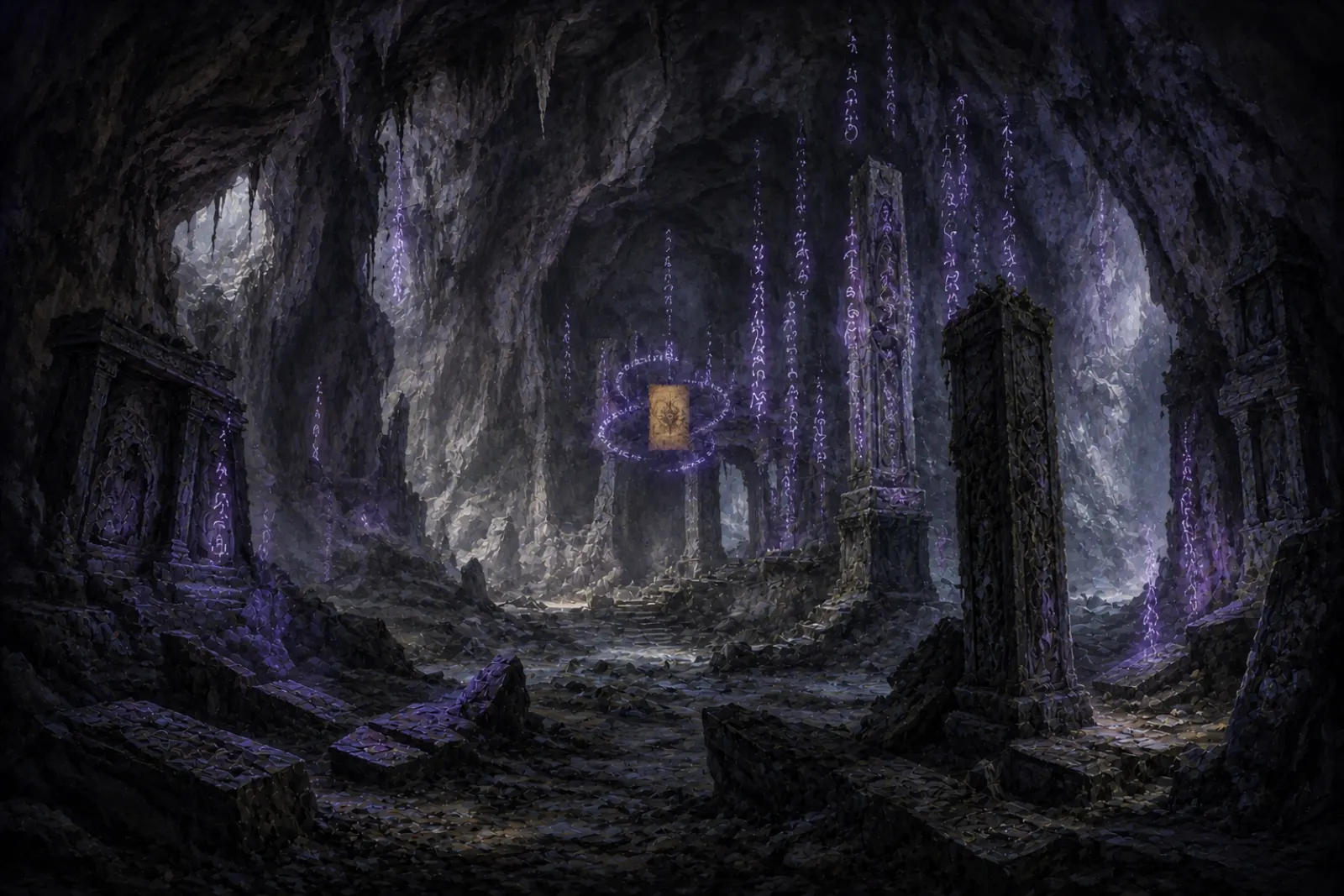 The orbiting page — A brittle grimoire leaf hangs in a rune-lit cave, ringed by letters.