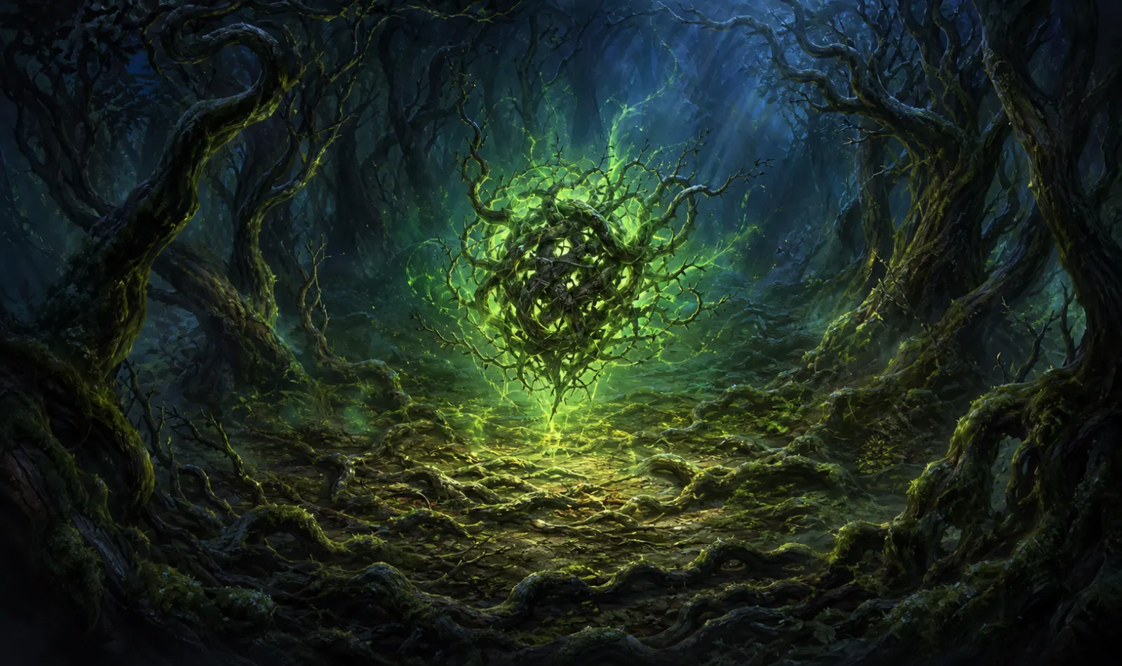 Knot of corruption — A sickly green mass of nature’s essence twists in a dark clearing.