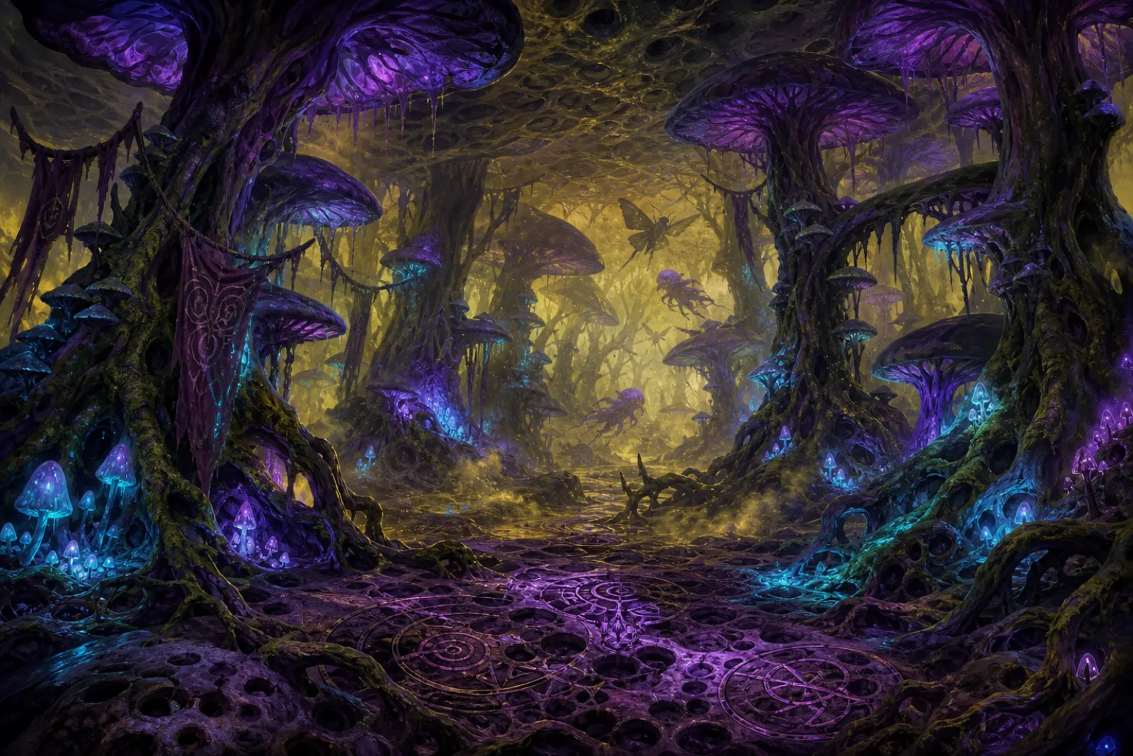 Hallucinatory canopy — Spore fog, hanging rags, and moth-shapes in a fungal maze.