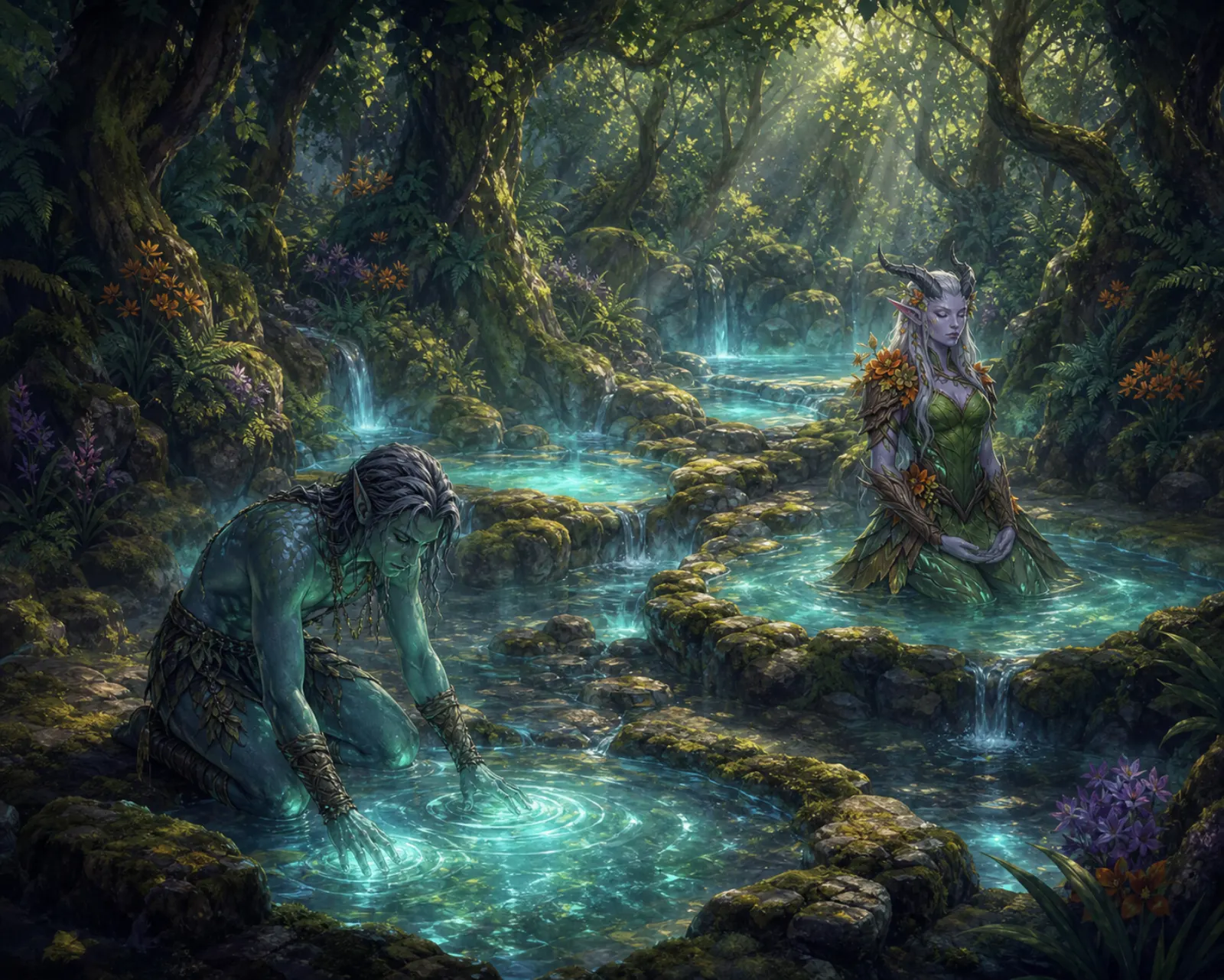Healing pools — A nixie at the water’s edge; a dryad still in the glowing spring.