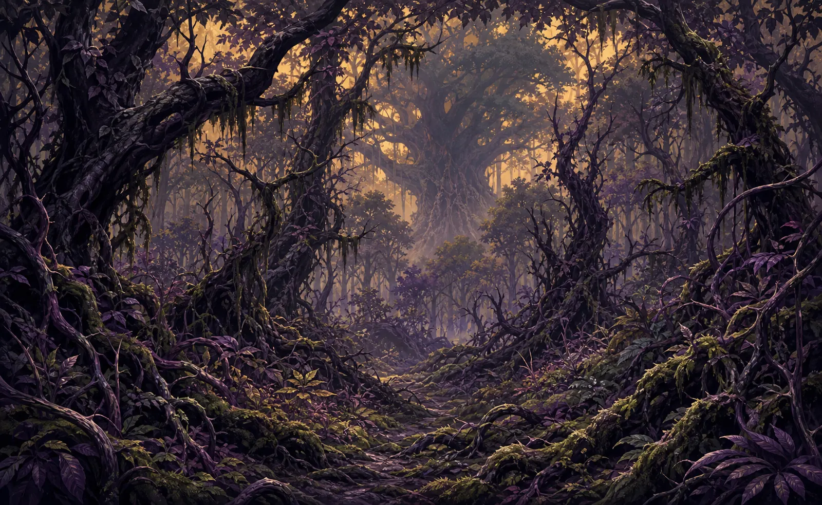 The blackened thicket — Twisted trunks and a great-tree silhouette under bruised light.