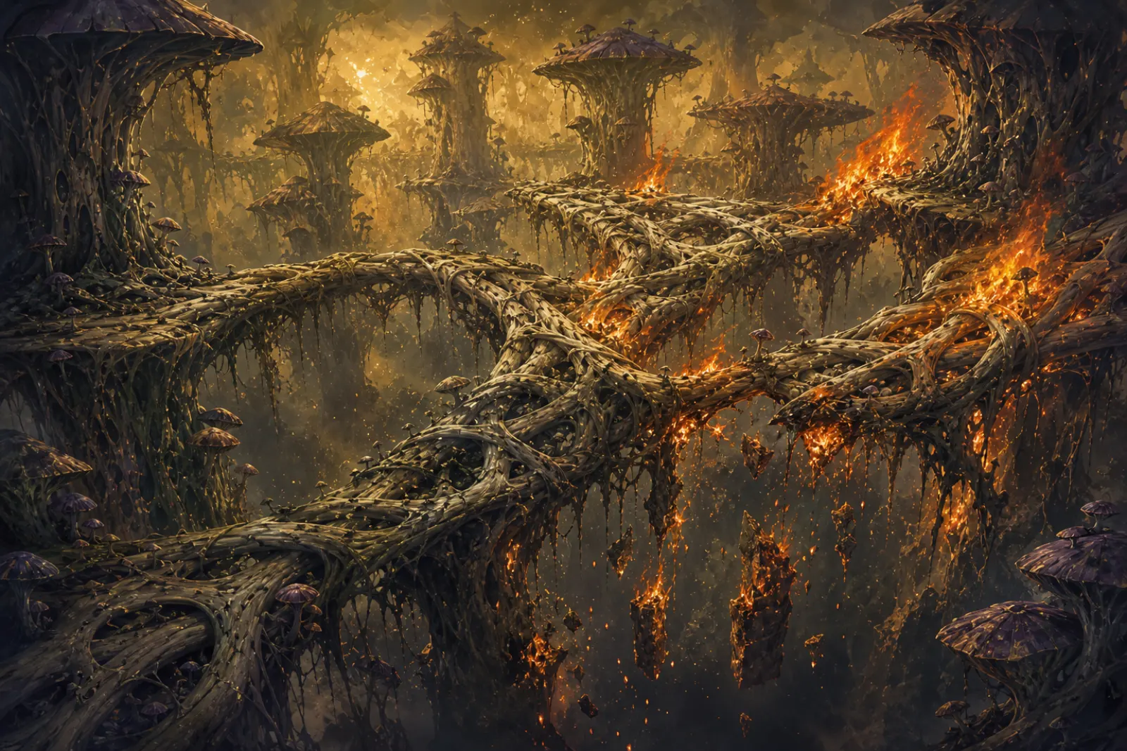 The burning lattice — A mushroom-stalk bridge ignites above a spore-choked abyss.