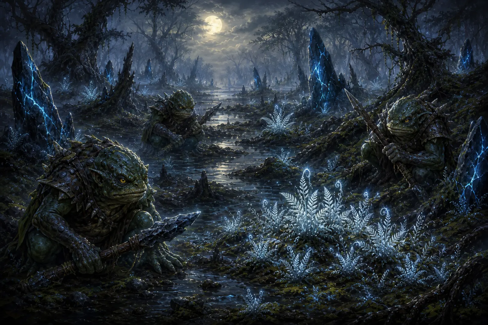 Moonlit ambush — Toad-like sentries among glowing ferns and blue-veined stones.