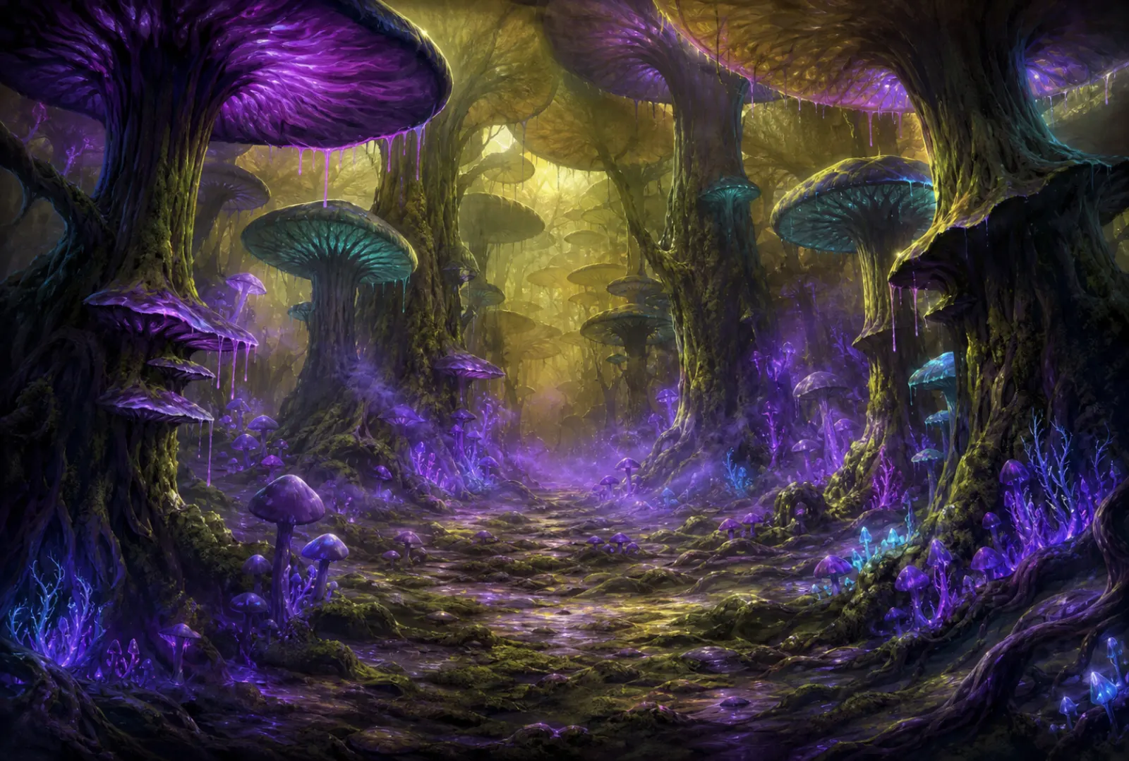 Spore fog — Giant caps blot the sky; violet glow pools on spongy ground.