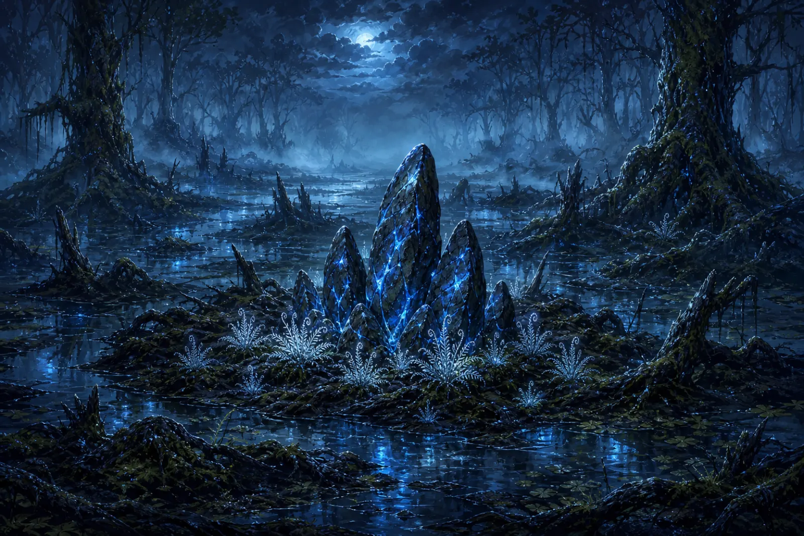 Mana-stone bog — Silver ferns at the foot of glowing stones in a still marsh.