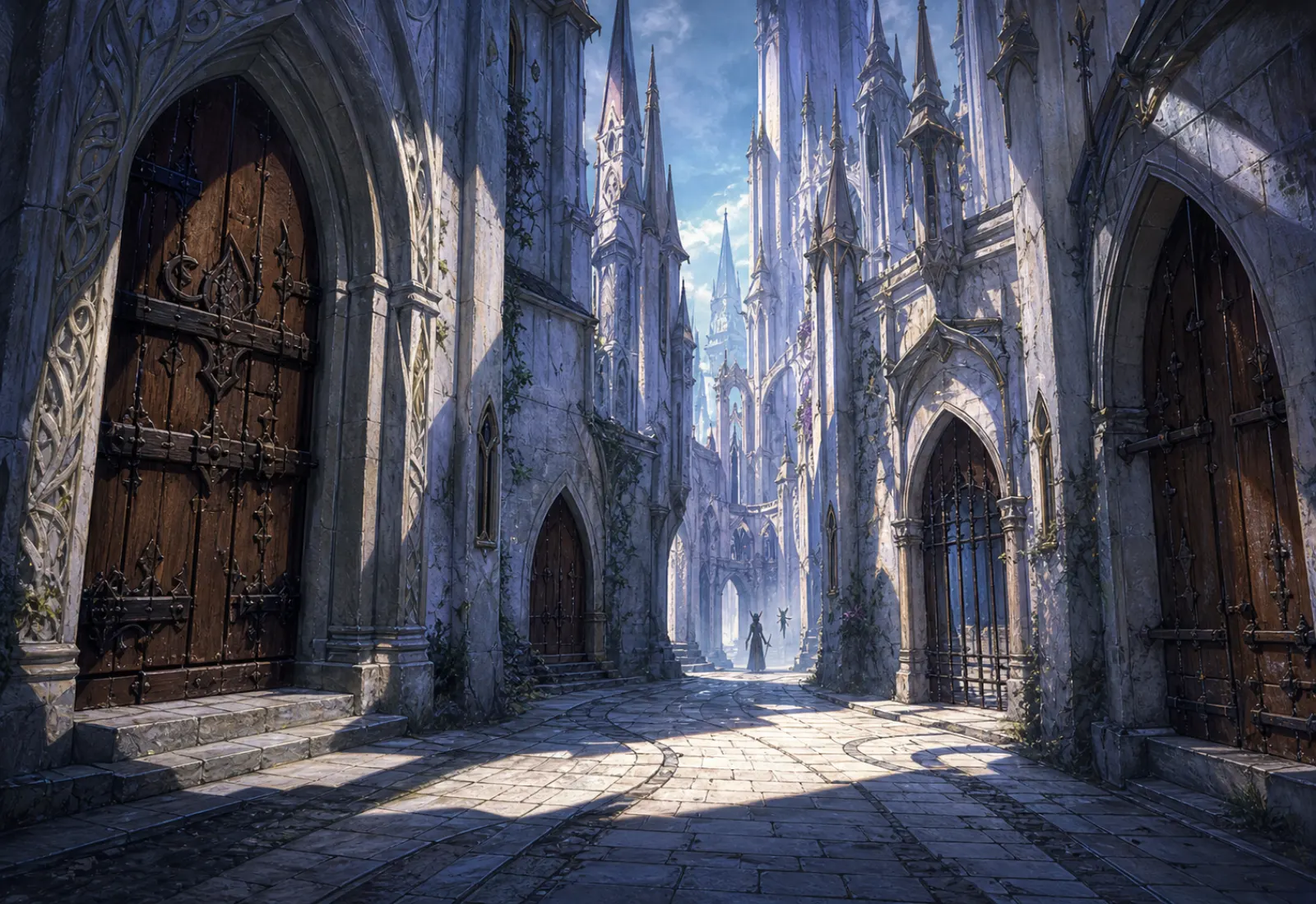Locked streets — Bolted doors and elven spires; a wood elf and pixie at the corner.
