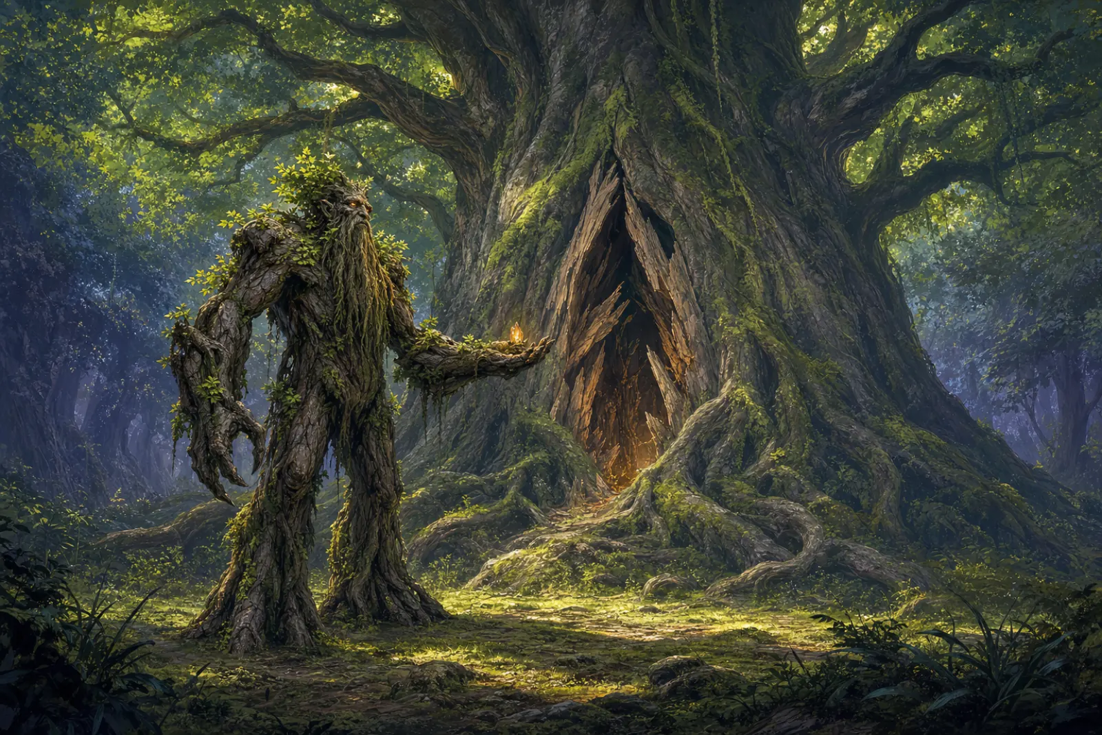 The treant’s offering — A treant presents a beacon before a splintered trunk.