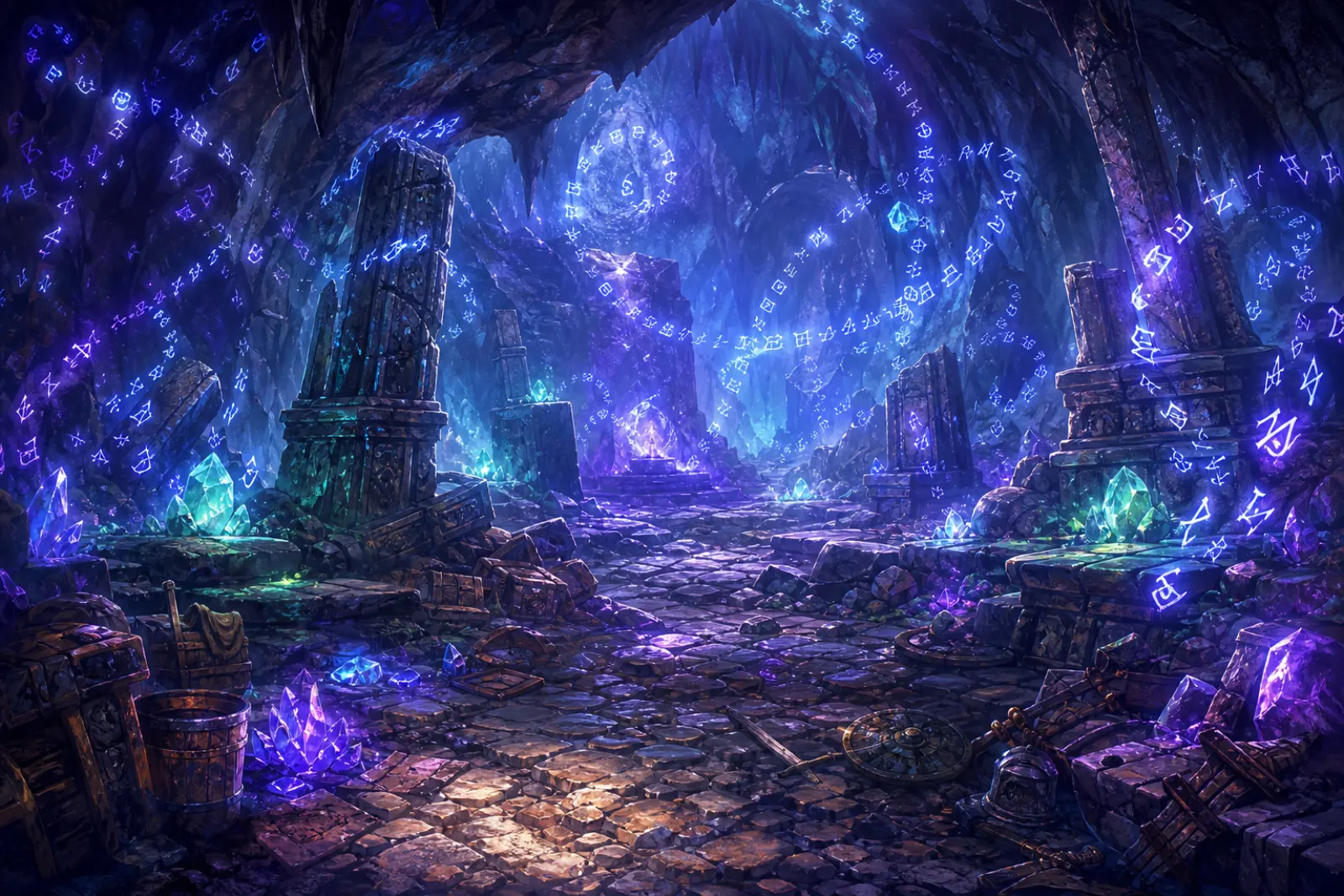 Letters in the ruin — Glowing script spirals through a mountain chamber of old supplies.