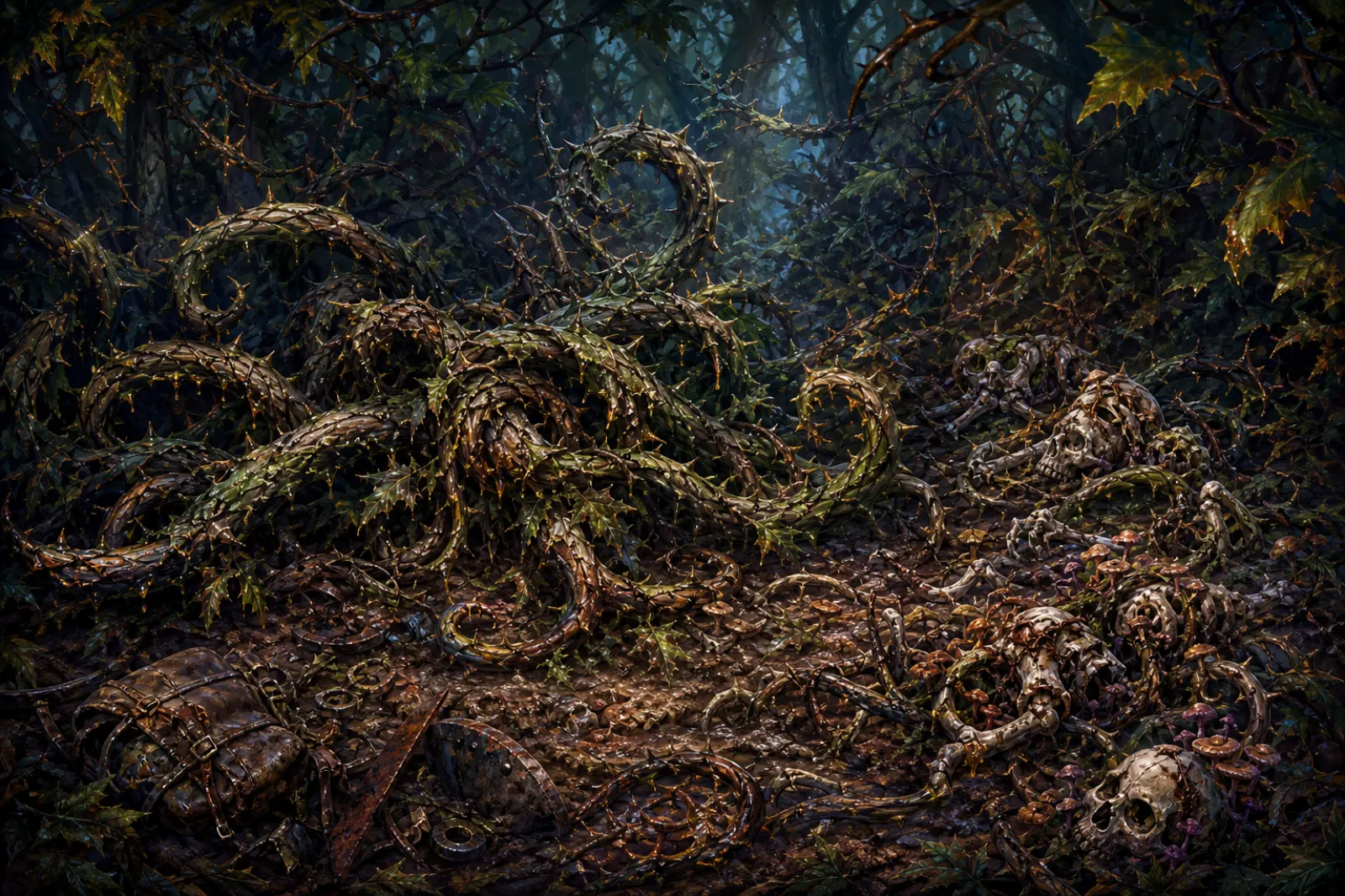 The fallen thicket — Collapsed vines and tangled dead in a thorn-choked clearing.