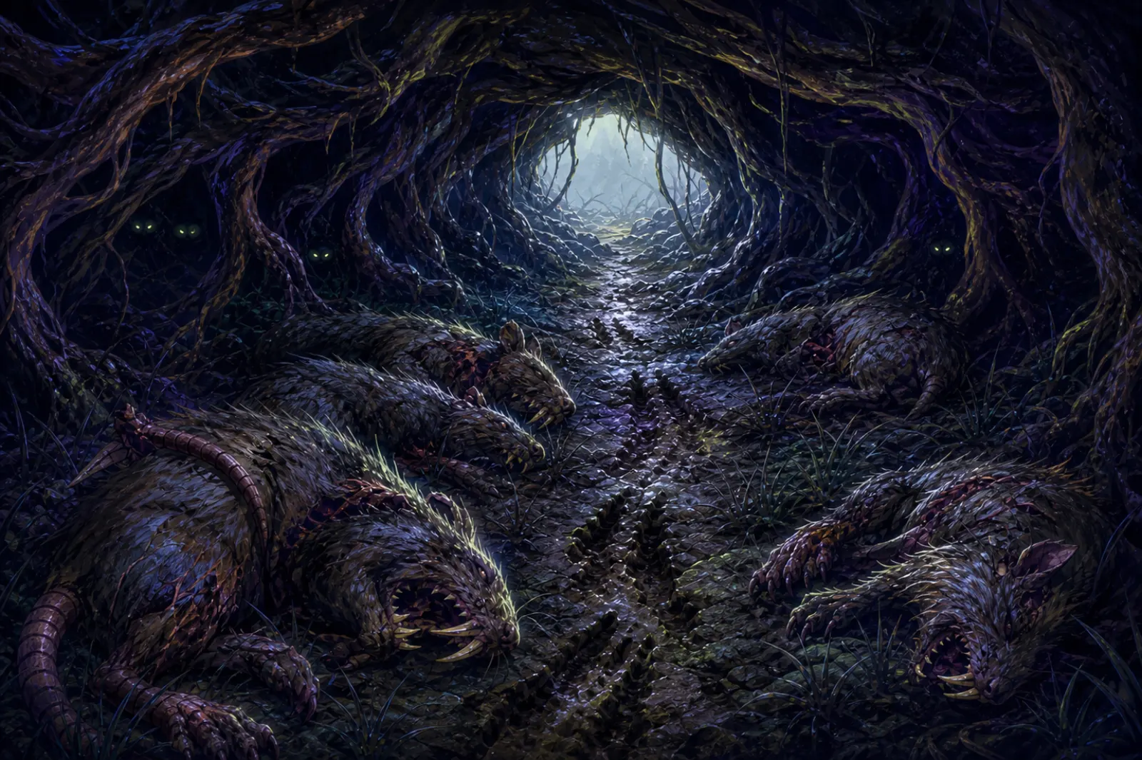 Dire rats’ hollow — A root-choked den, claw tracks, and eyes in the grey mouth-light.