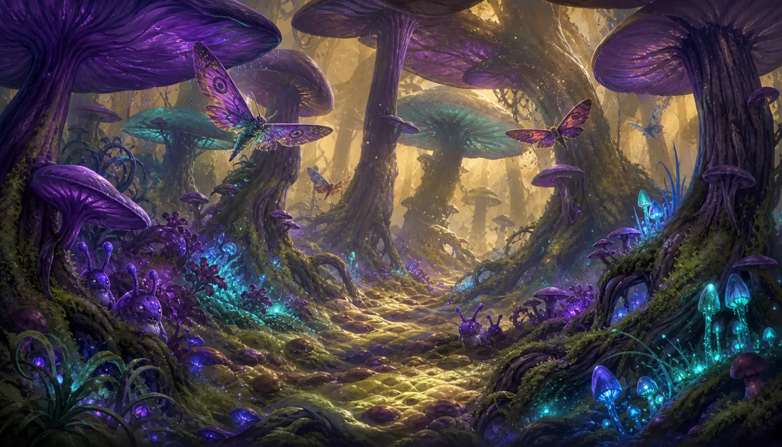 The moth canopy — Giant moths and small purple dwellers in a fungal forest.
