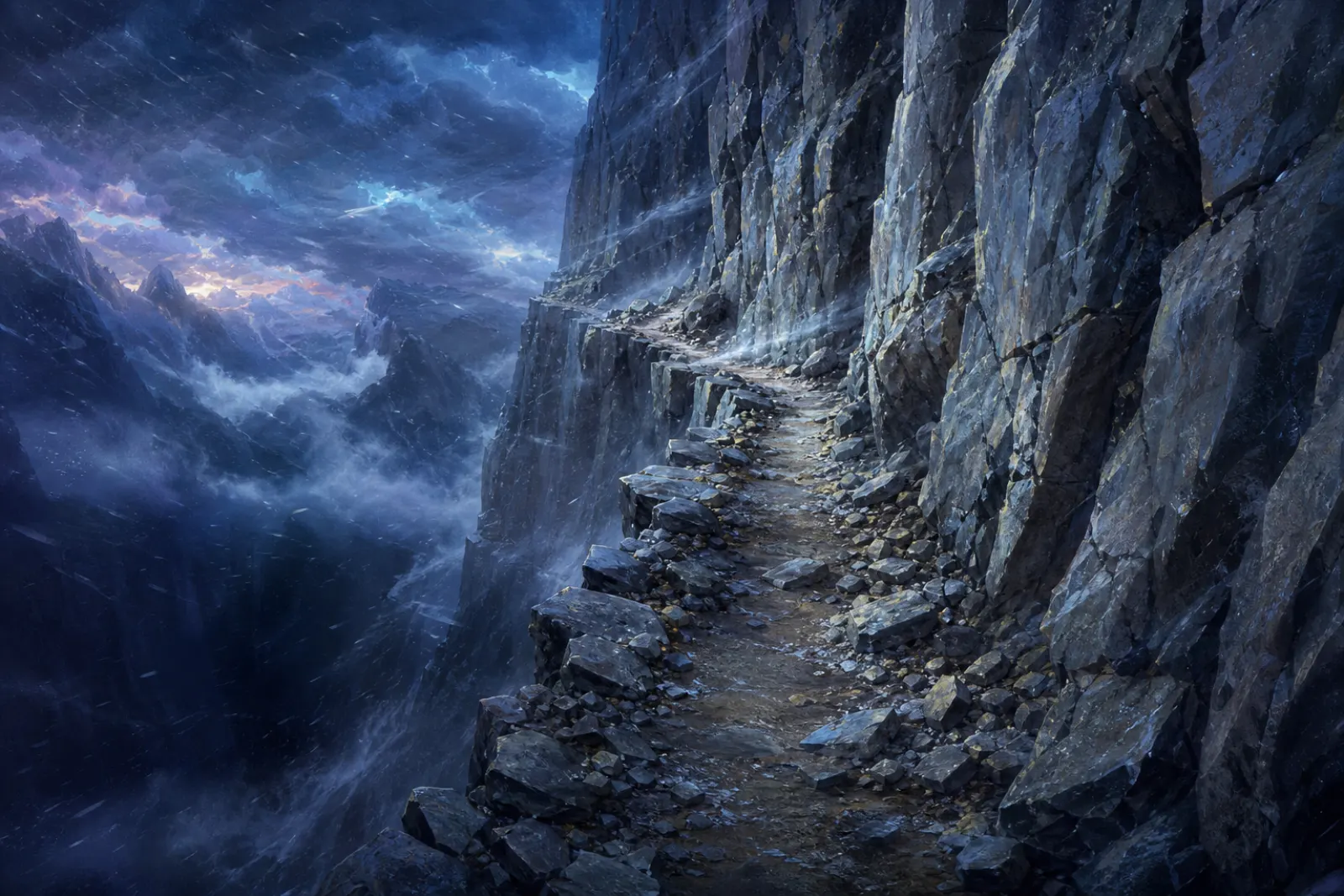 Ridge above the abyss — A narrow mountain trail clinging to a sheer cliff.