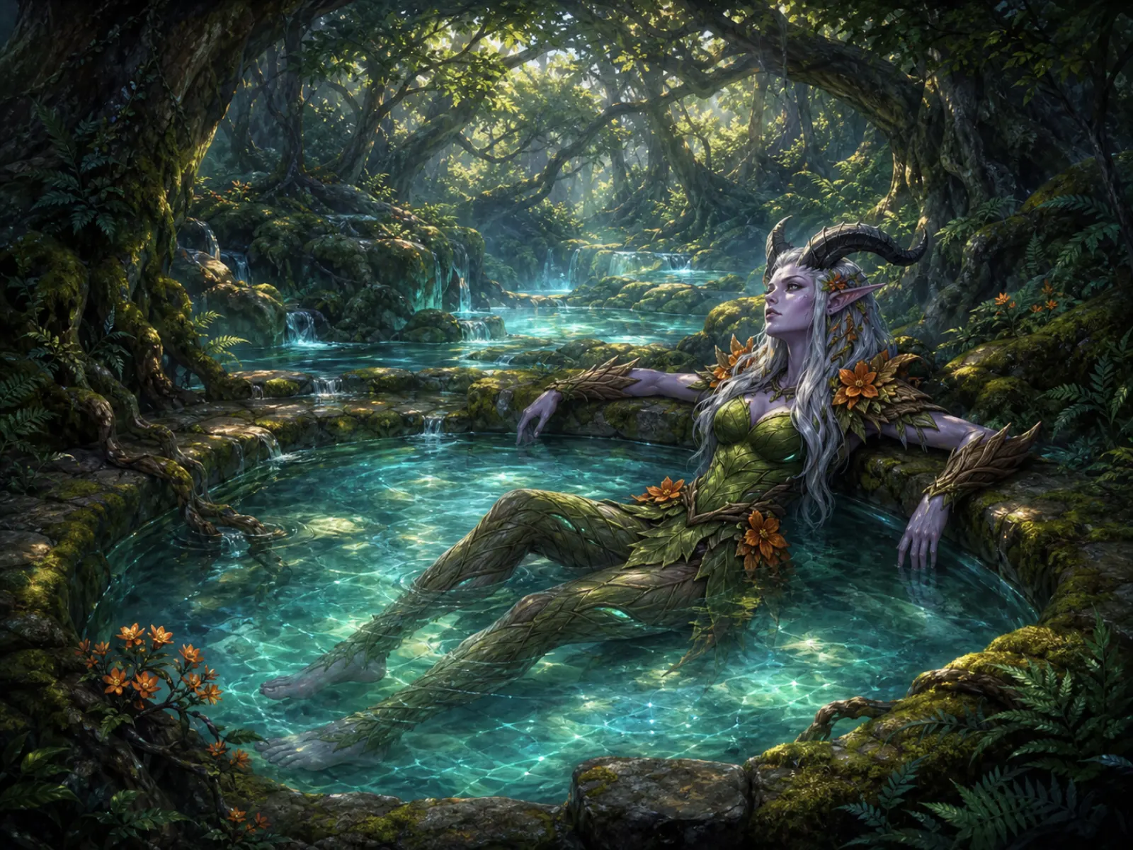 At the crystal pool — A dryad draped along a spring in the fey grove.