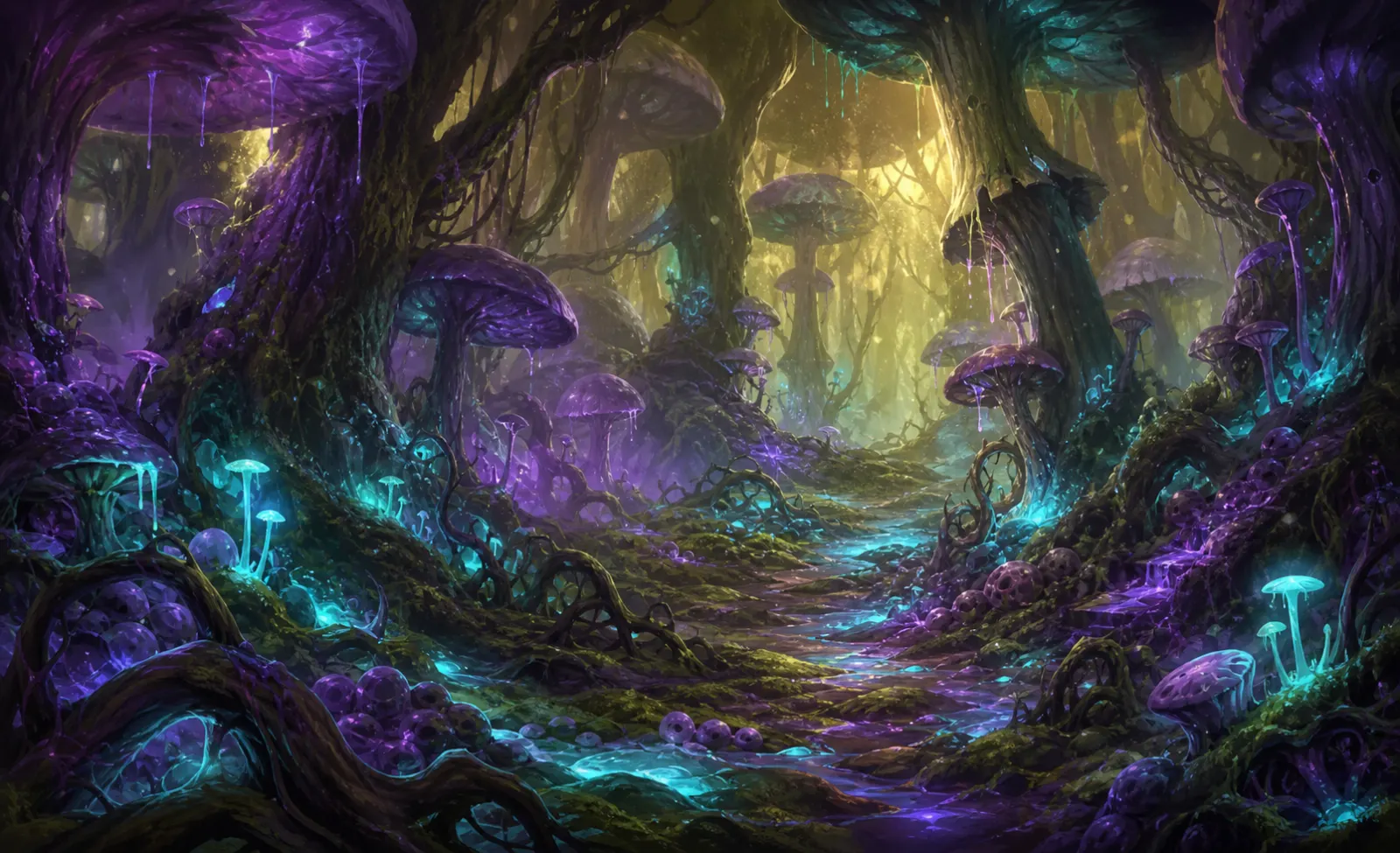The fungal maze — Suffocating mushroom stalks and bioluminescent undergrowth.