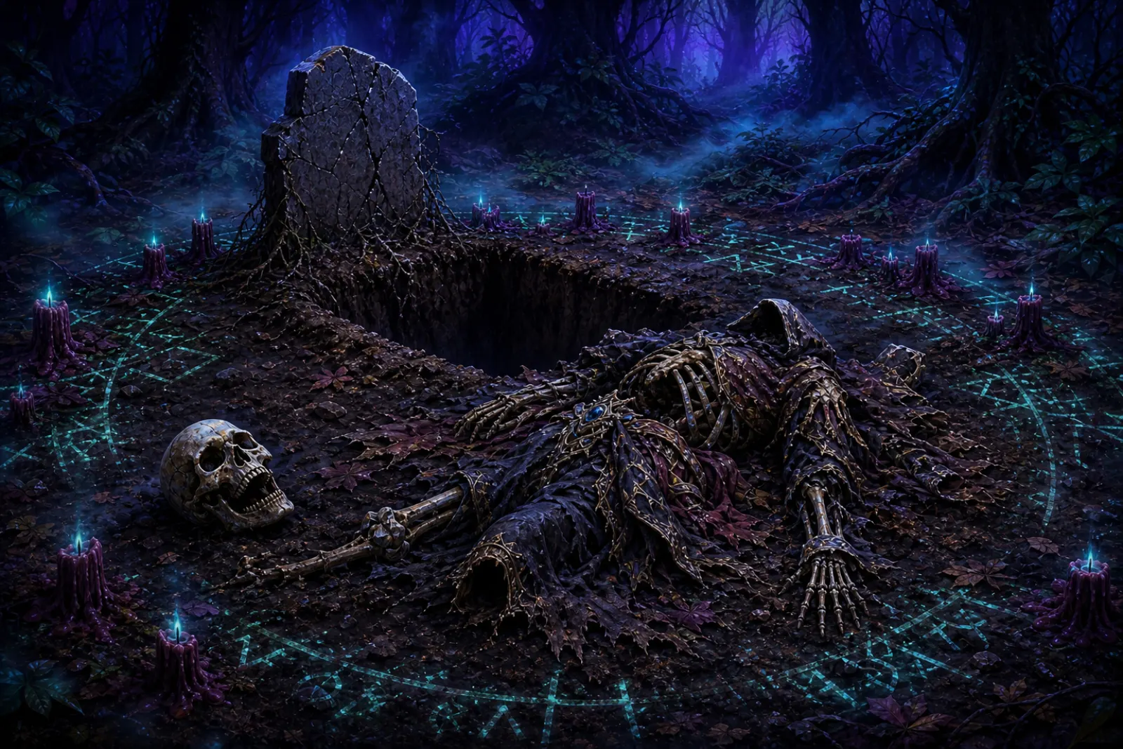 The ritual grave — A cracked headstone, melted candles, and a fallen figure in ruin.