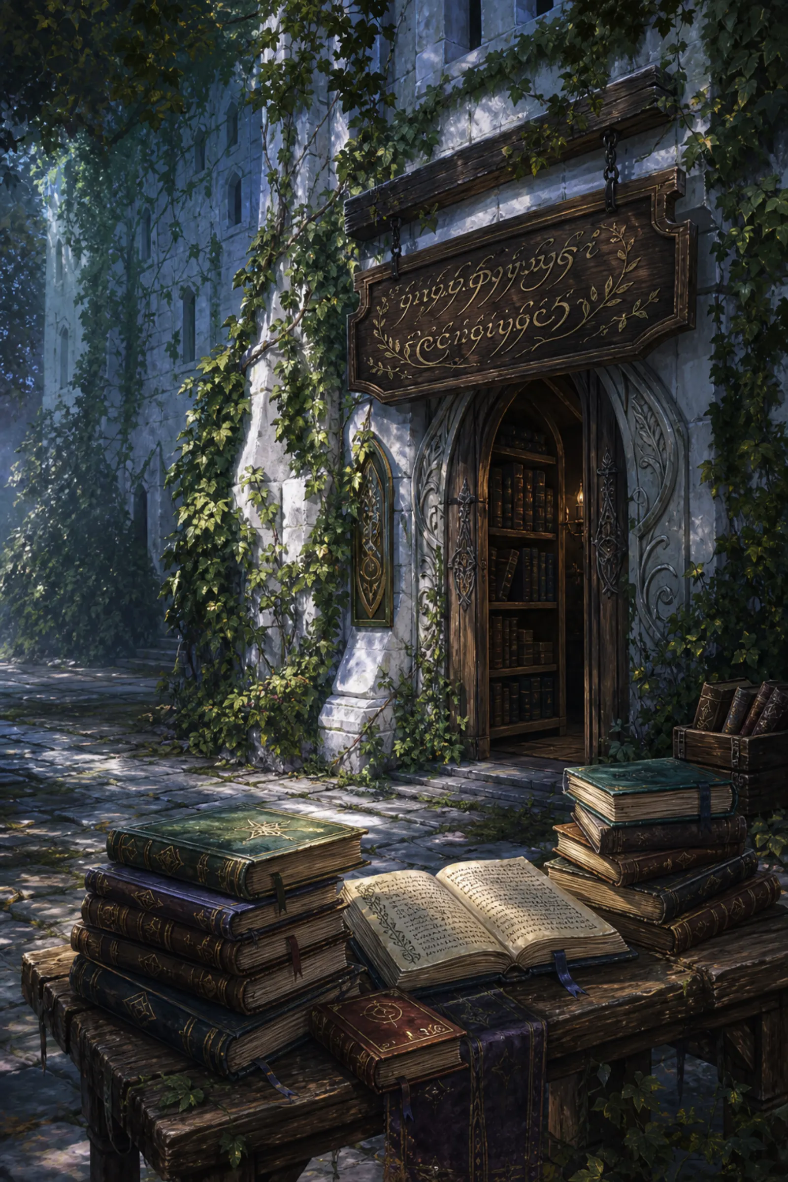 The vine-draped shop — A white-stone bookshop and a table piled with tomes.