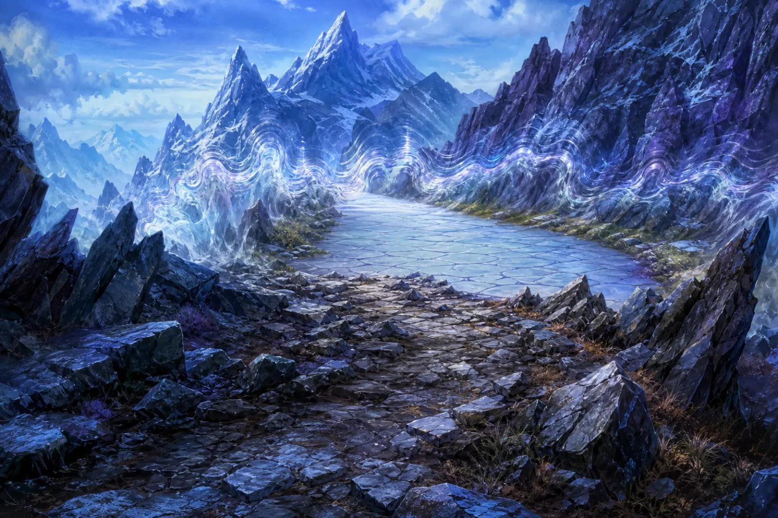 The heat-wave threshold — A mountain trail split by a rippling temporal distortion.