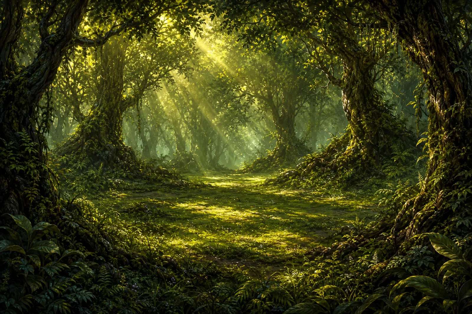 Lengthening shadows — A forest clearing as the canopy light thins.
