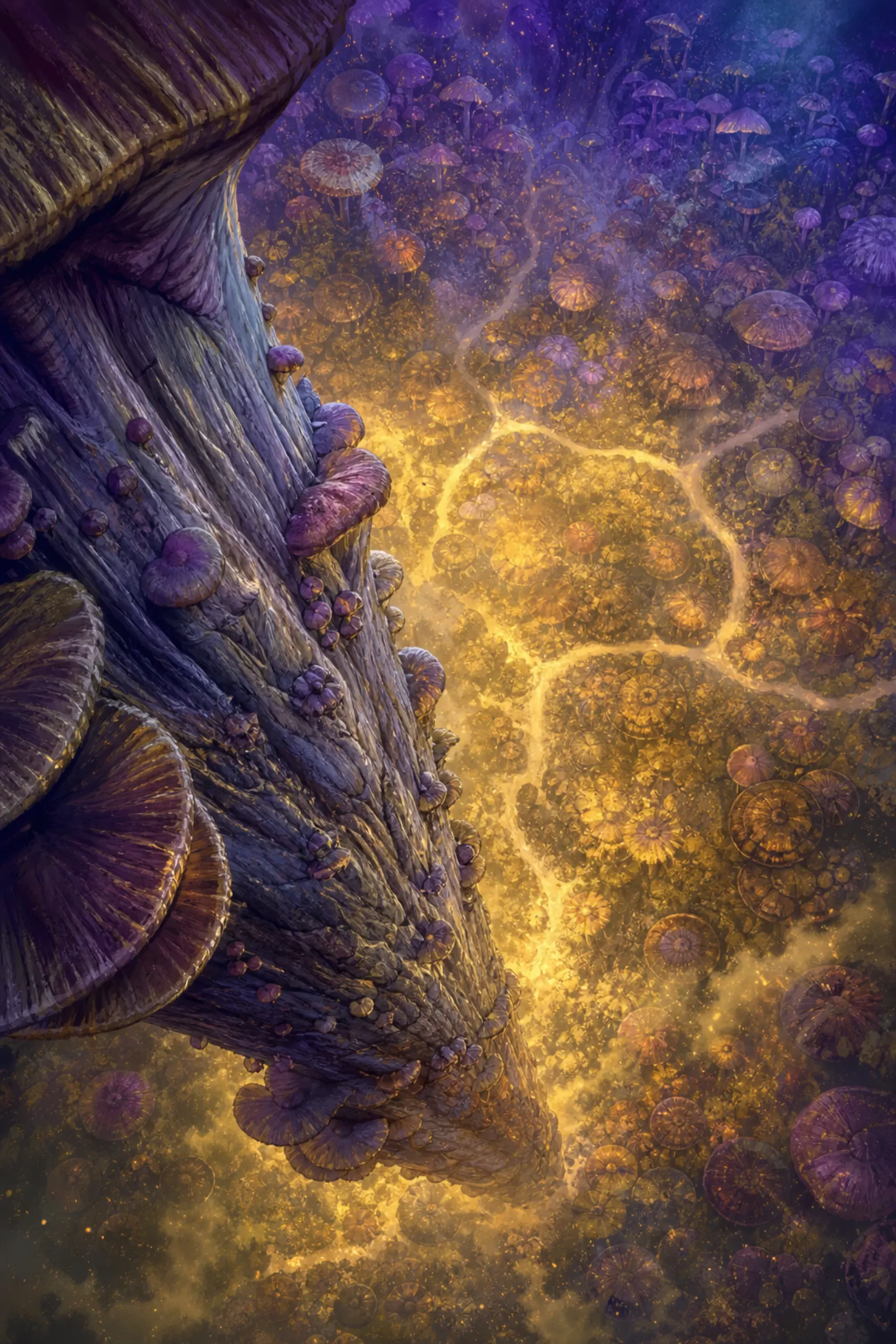Stalk’s-eye view — Looking down a giant mushroom into a hazy spore forest.