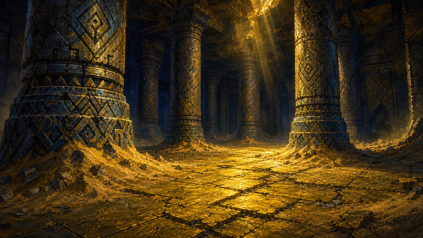The pillared hall — Patterned columns and drifted sand, lit by a single shaft from above.