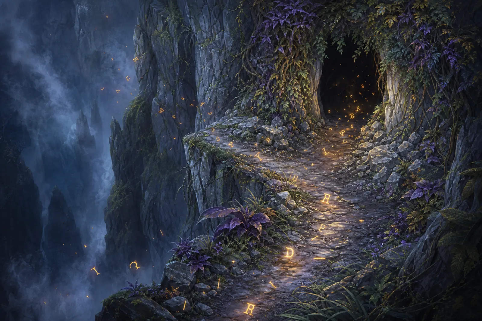 Letters to the cave — Glowing script traces a ridge path toward a foliage-hidden mouth.
