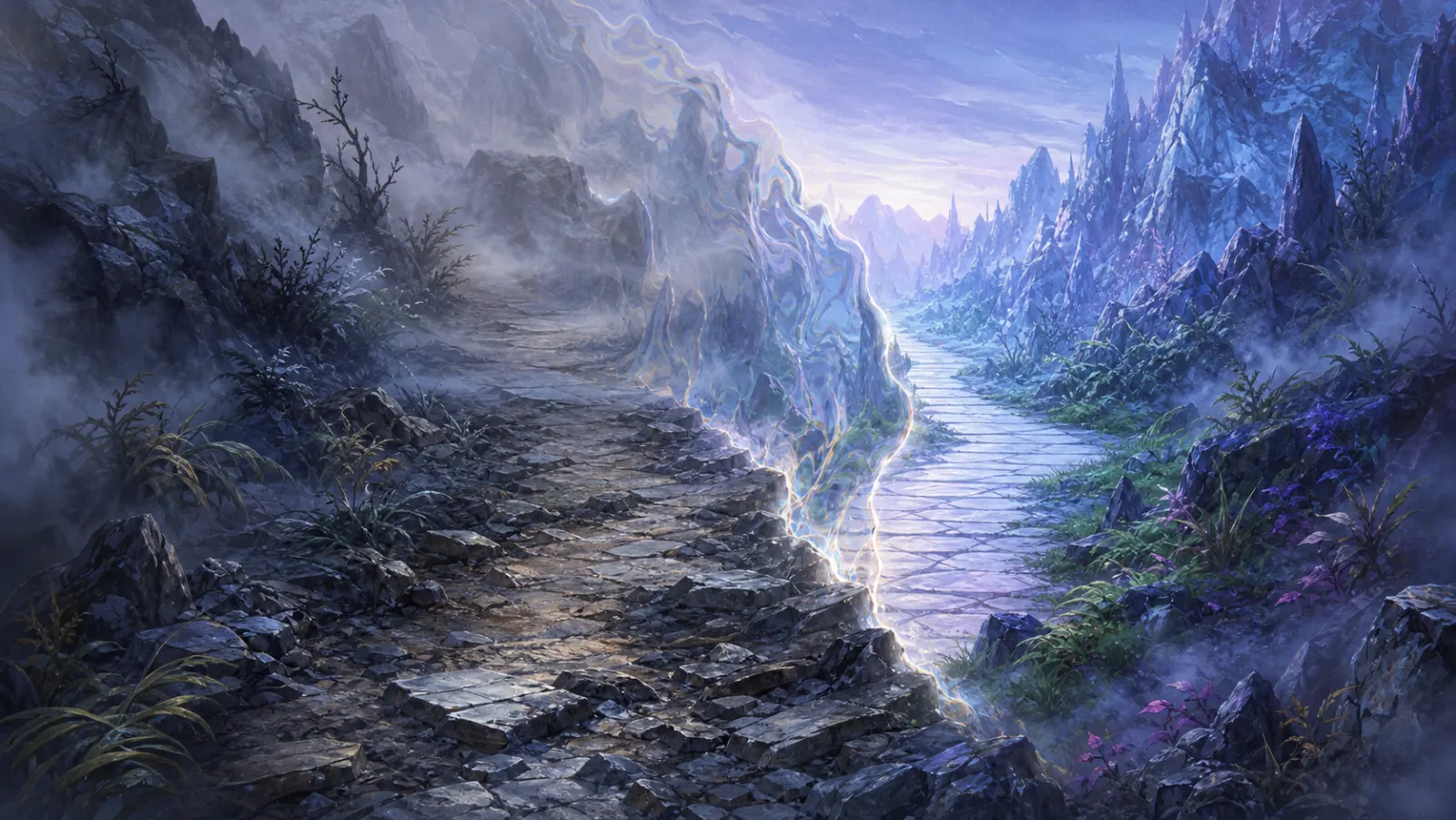The temporal pass — A jagged trail interrupted by a heat-wave threshold in cold mist.