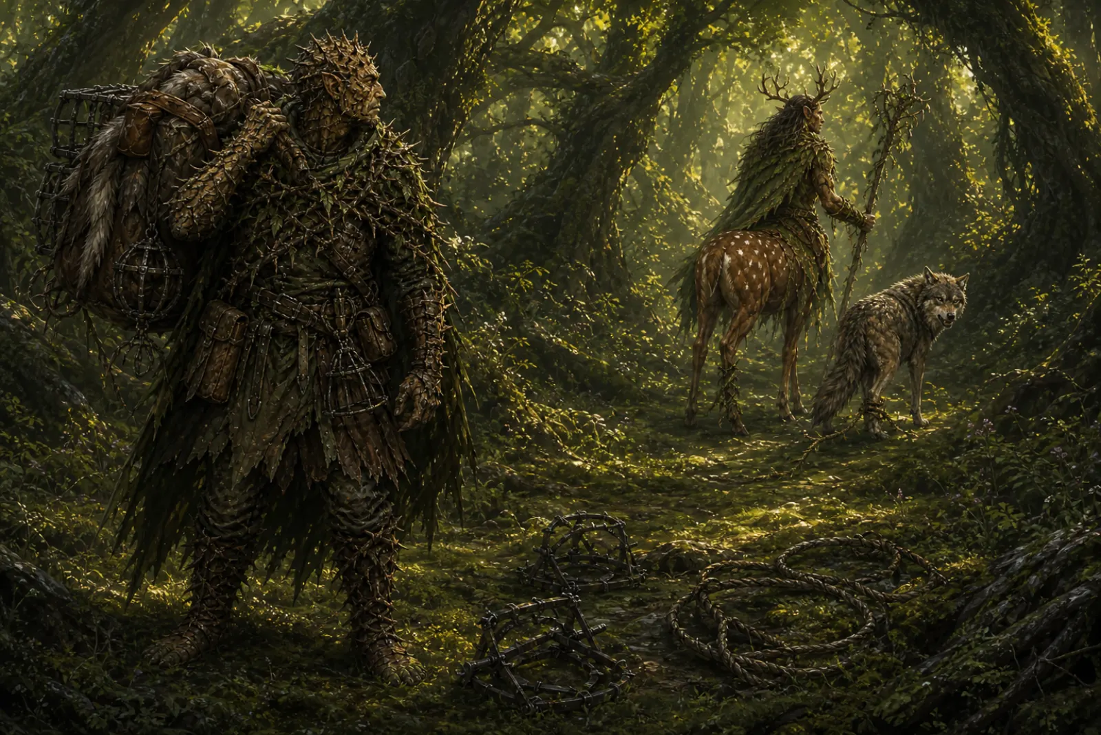 The trapper’s clearing — The trapper packs up as the druid and wolf leave the snares behind.