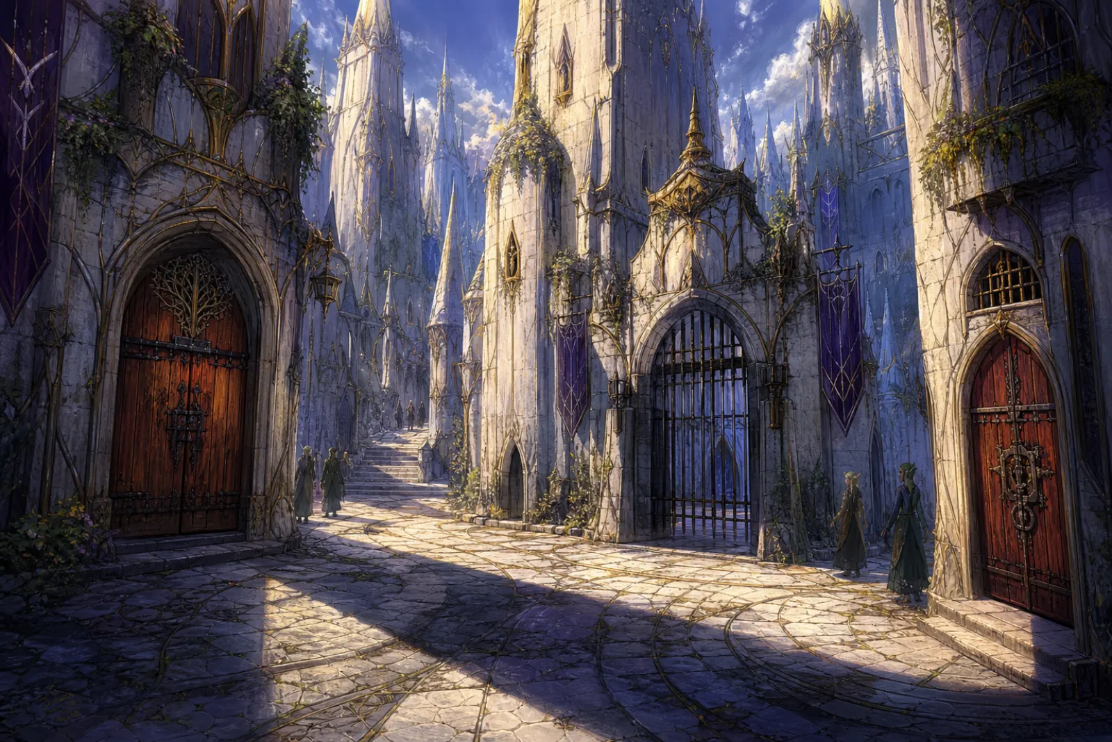 White-stone streets — Labyrinthine spires, locked doors, figures at the edges.