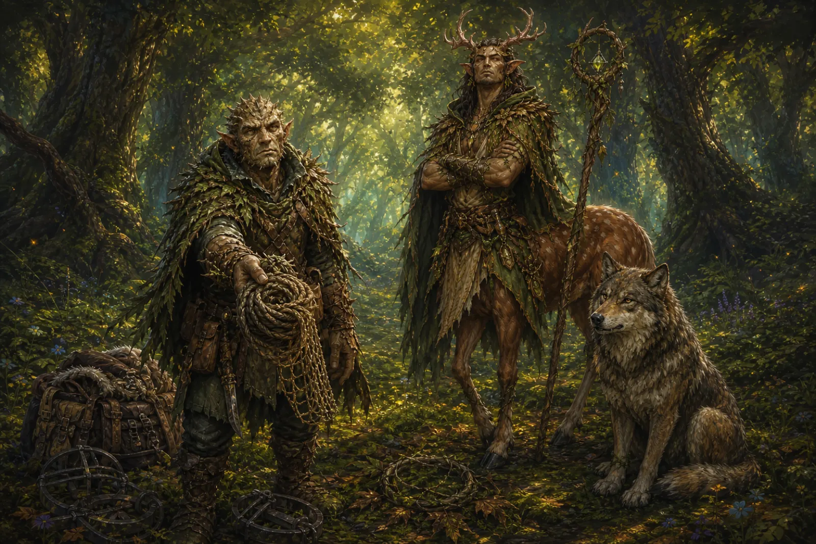 The offered snare — The trapper holds out rope and netting; the wolf sits free.