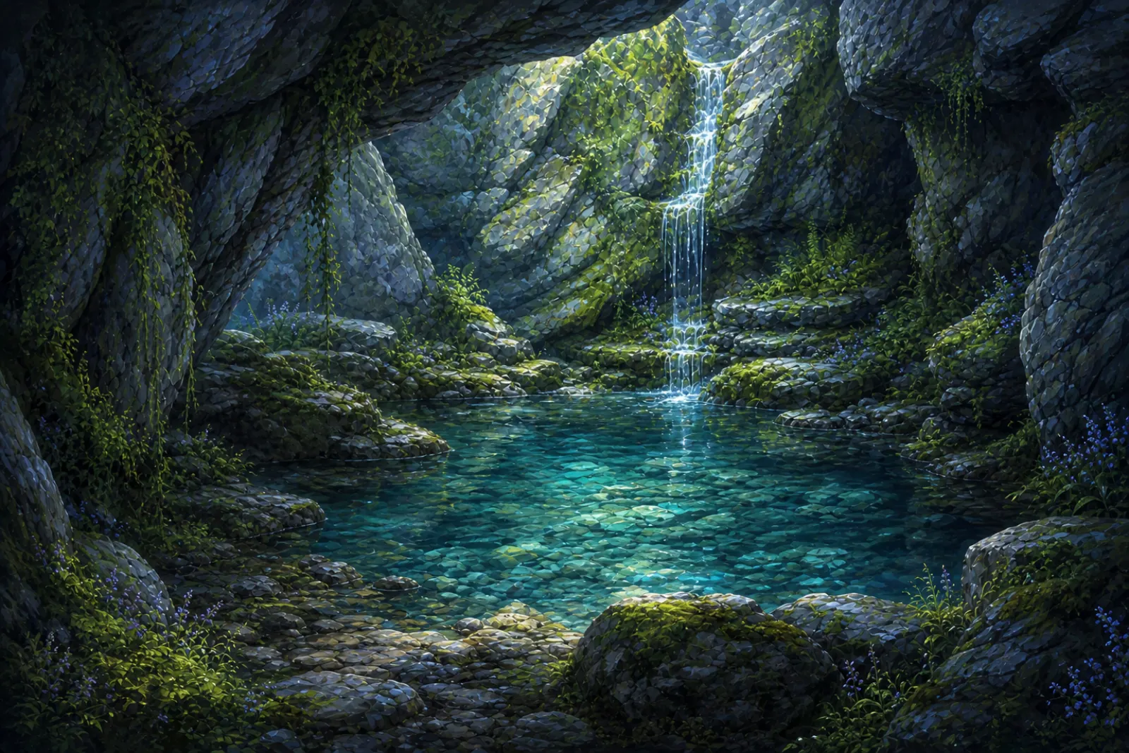 The respite cavern — A clear pool in a grey-stone hollow, fed by a thin mountain trickle.